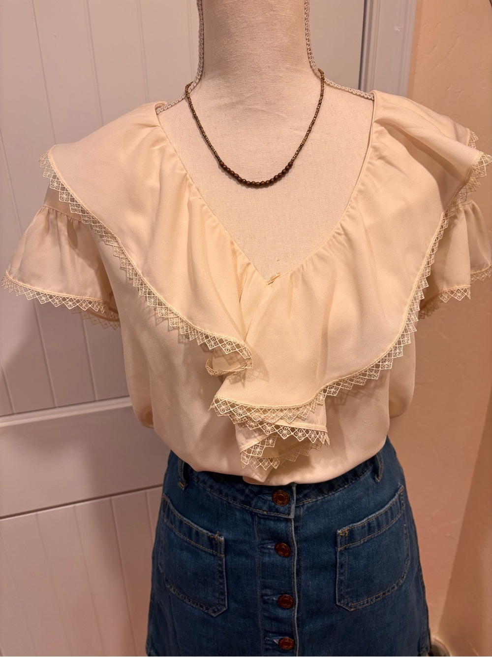 Max Studio S Ivory Lace Trim Ruffle Collar Blouse Romantic Cottagecore Fairycore